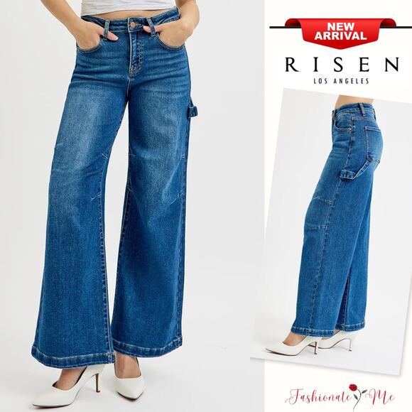 RISEN High Rise Patch Detailed Zipper Fly Stretch Dark Wash Wide Leg Denim Jeans - Picture 1 of 8